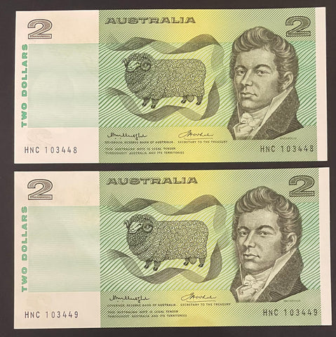 Australia $2 Knight/Wheeler Gothic Centre Thread Pair about Uncirculated R86a