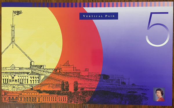 Australia 1996 $5 Polymer Fraser/Evans Uncut Vertical Pair Black serial number Banknote