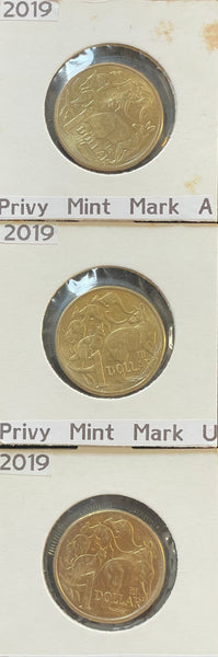 Australia 2019 Royal Australian Mint $1 Mob of Roos A, U, S Privy Mark set of 3 Uncirculated
