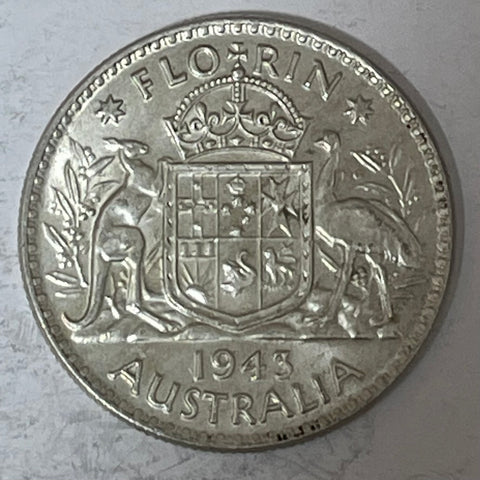 Australia 1943 Melbourne Mint 2/- Florin Silver Coin about Uncirculated