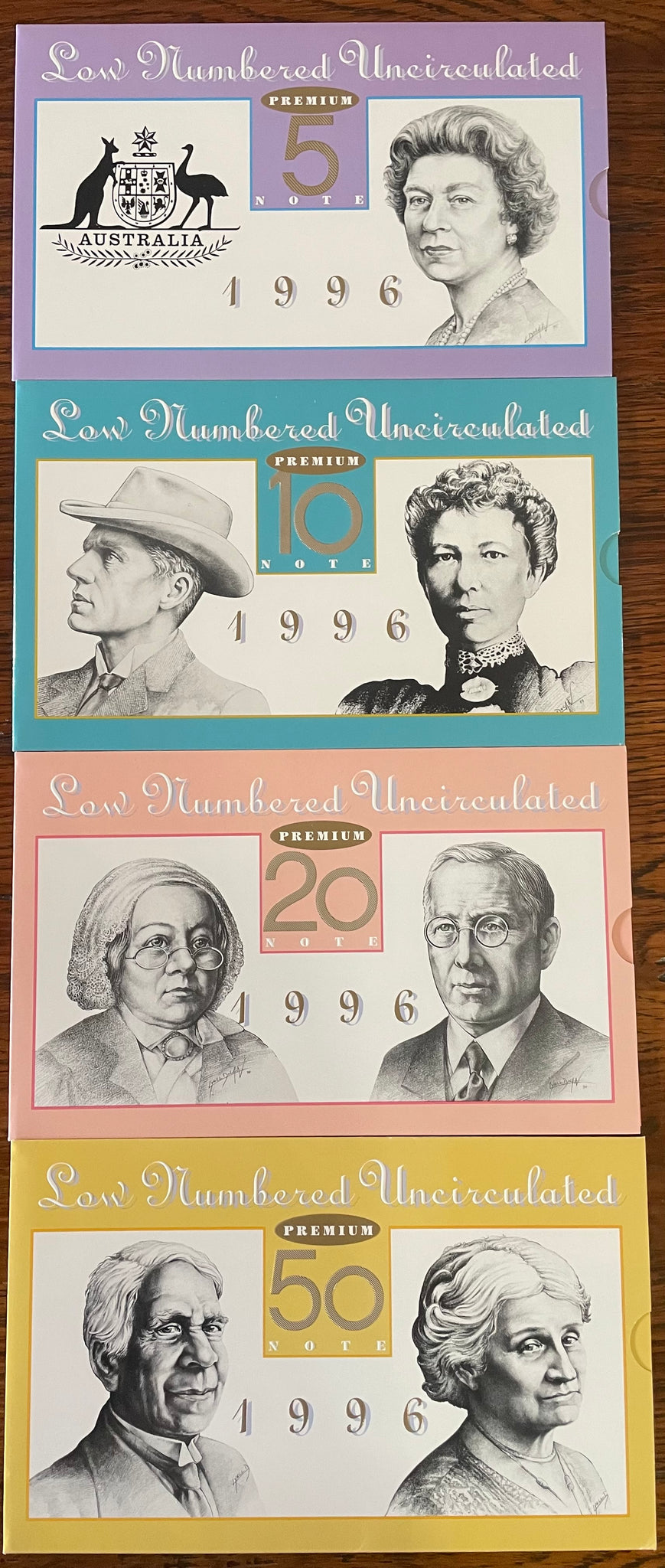 Australia 1996 Premium Banknote Folders Set of 4 matching Red Serial Numbers