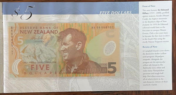 New Zealand 2008 Matching Serial Numbered Banknote Set in Folder with $5,  $10, $20, $50 & $100 Polymer Notes