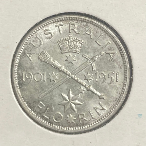 Australia 1951 Federation Jubilee 2/- Florin Silver Coin about Uncirculated