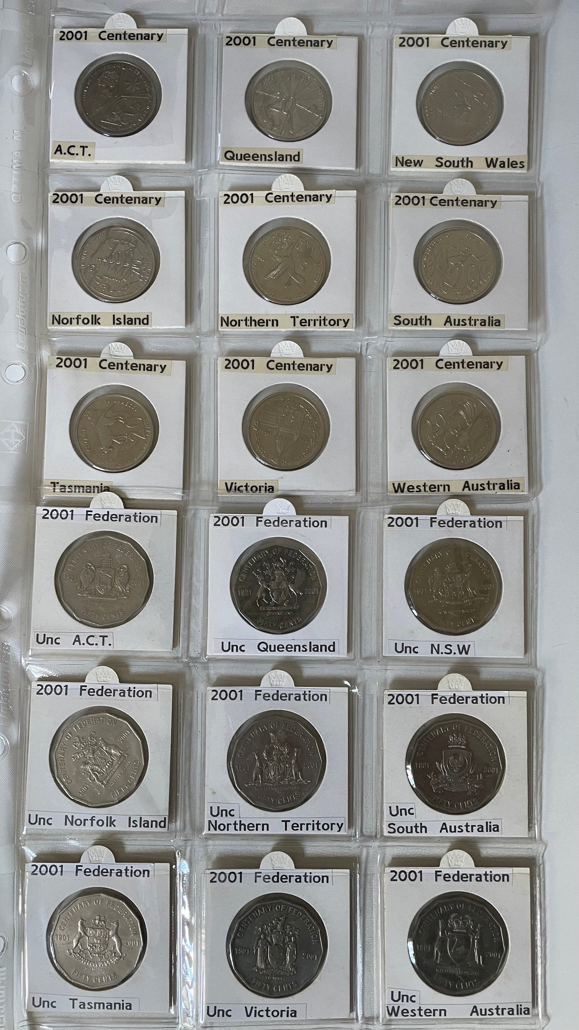 2001 Centenary of Federation Set of 9 States & Territories 20c & 50c Collection