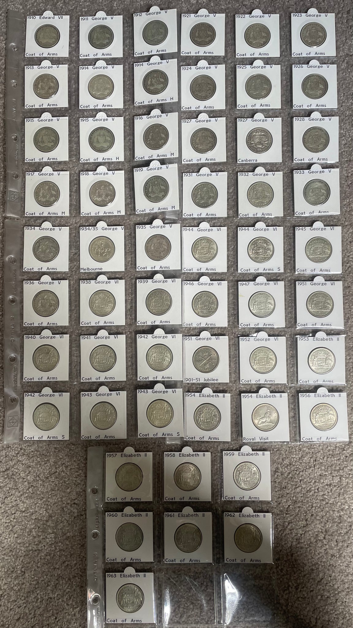 Australia 1910-63 Complete Set of 2/- Florin Silver Coins. Very Good to Extremely Fine
