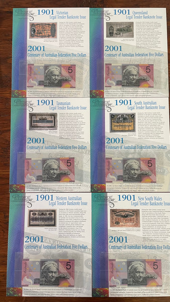 Australia 2001 ANDA set of 6 Federation $5 Polymer Banknote Folders.