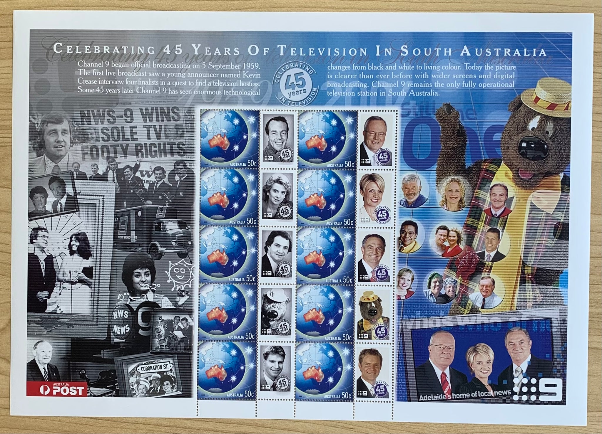 Celebrating 40 years of Television in South Australia 50c stamp sheet of 10