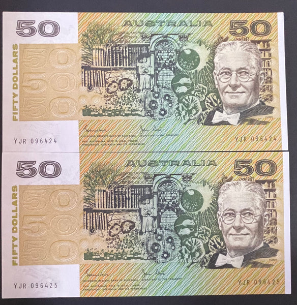 Australia 1983 $50 Johnston Stone  Uncirculated Banknote Pair R508