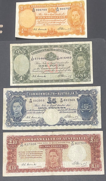 Australia 1949 Set of 4  KGV1 Pre Decimal £10, £5, £1 and 10/- Ten Shillings, One, Five  + Ten Pounds Banknotes Coombs/Watt