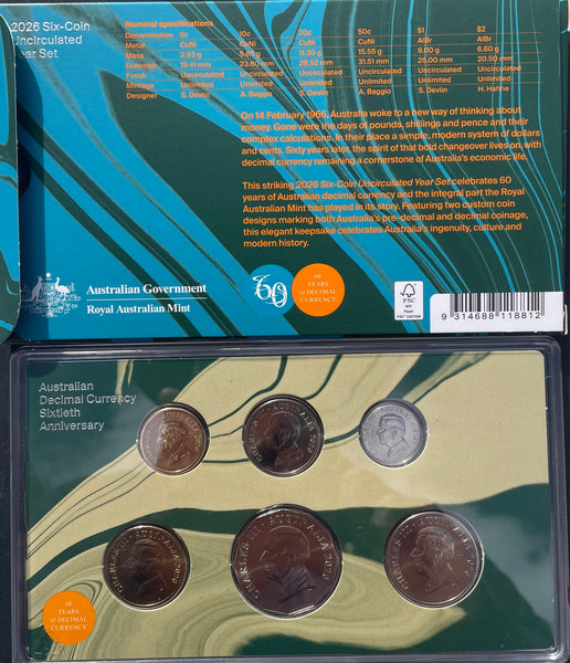 Australia 2026 Australian Decimal Currency Sixtieth Anniversary 6 Coin Uncirculated Set