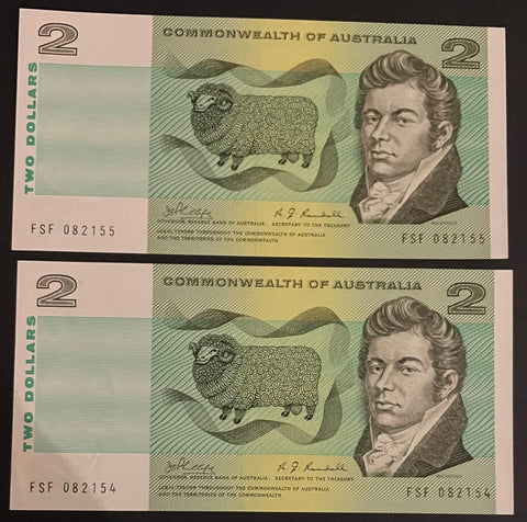 Australia $2 Phillips Randall Consecutive Pair Uncirculated Banknotes R83