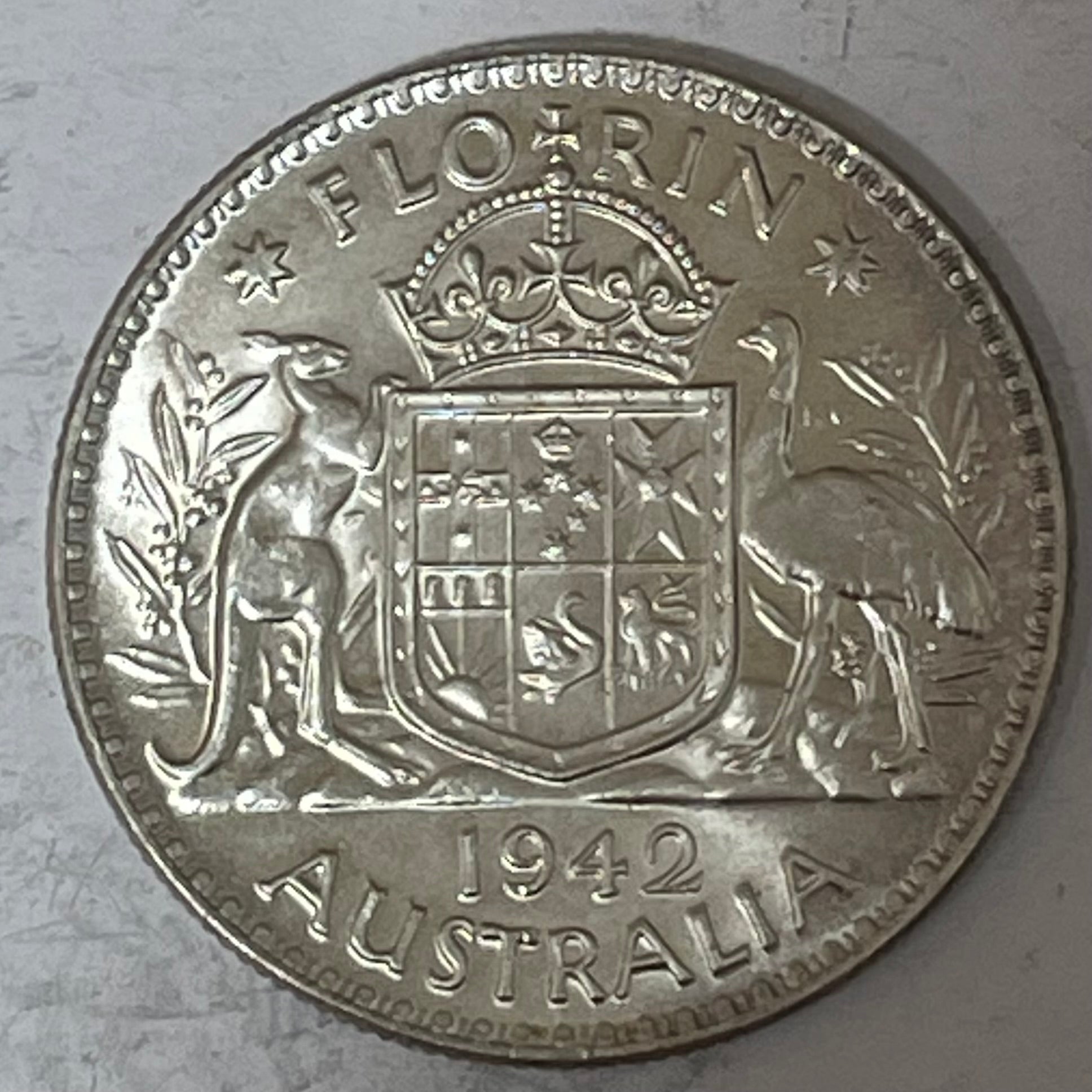 Australia 1942 Melbourne Mint 2/- Florin Silver Coin about Uncirculated