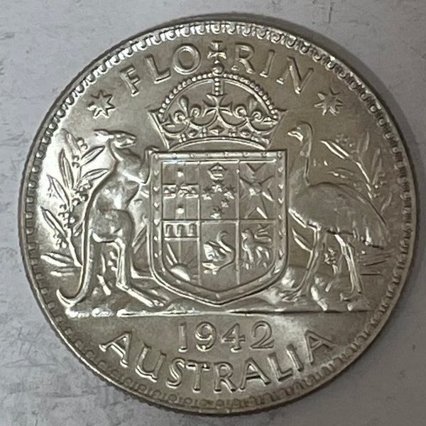 Australia 1942 Melbourne Mint 2/- Florin Silver Coin about Uncirculated