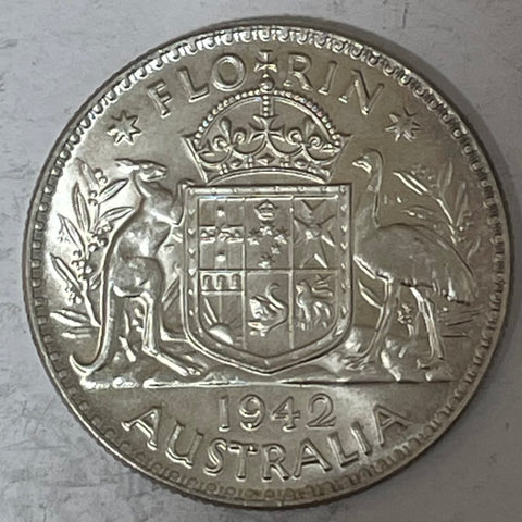 Australia 1942 Melbourne Mint 2/- Florin Silver Coin about Uncirculated