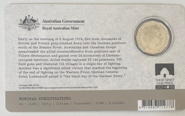 Australia 2018 Battle of Amiens Carded 50c coin