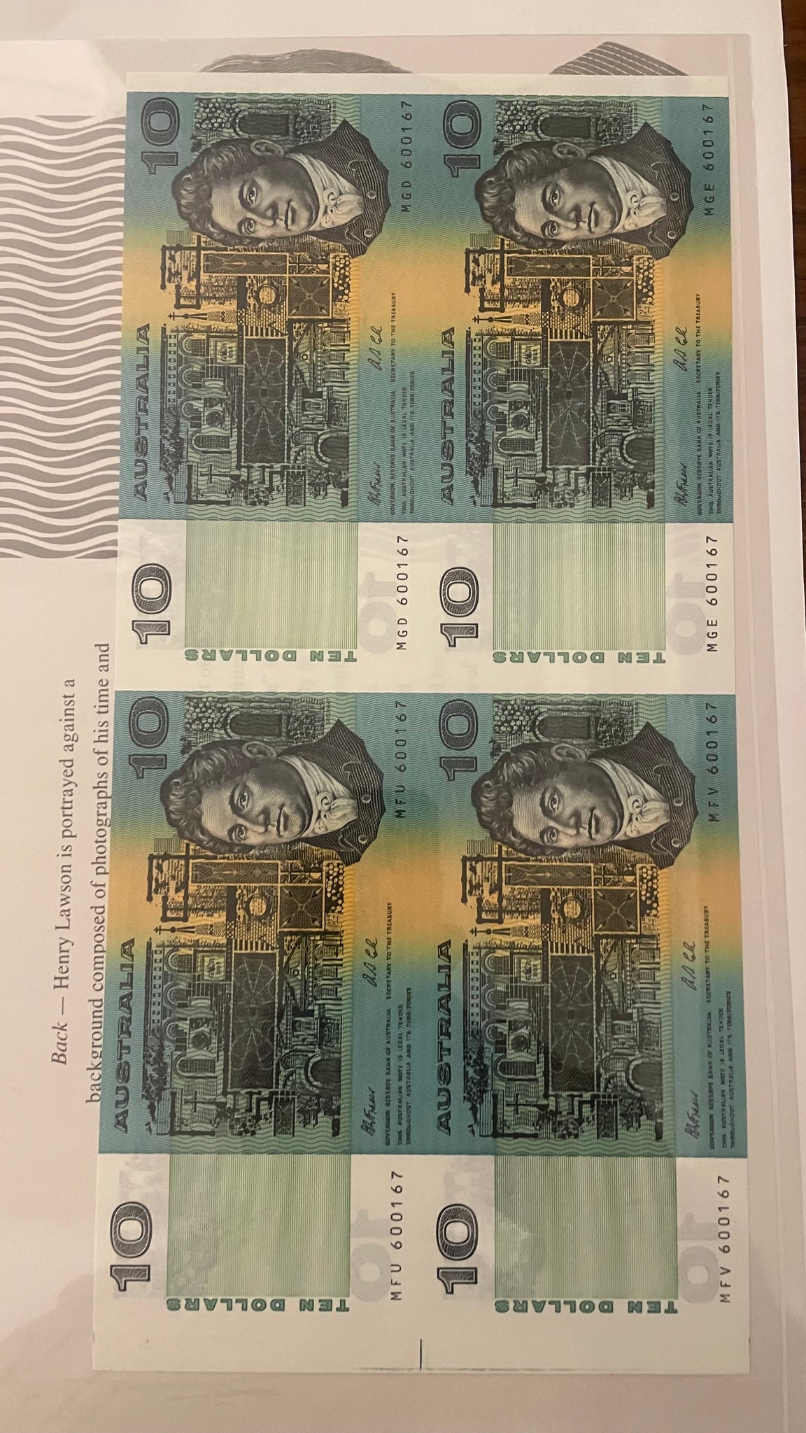 Australia 1991 $10 Fraser/Cole Banknote Uncut Block of 4 Folder R313