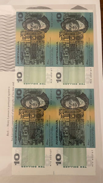 Australia 1991 $10 Fraser/Cole Banknote Uncut Block of 4 Folder R313