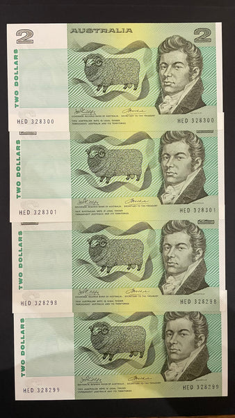 Australia $2 Run Of 4 Consecutive Banknotes aUnc R85