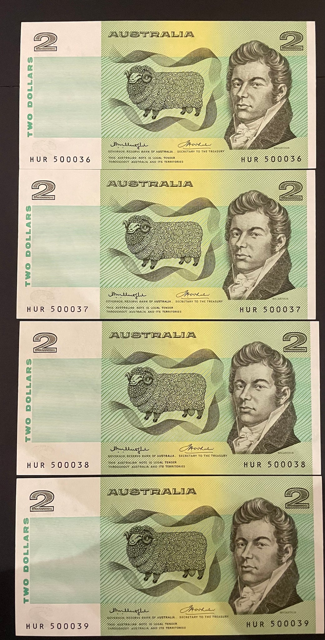 Australia $2 Australia Knight/Wheeler OCRB Side Thread about Uncirculated Run of 4. R86b