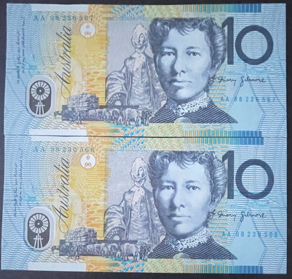 Australia 1998 $10 MacFarlane Evans First Prefix AA98 Uncirculated Banknote Pair R318cF