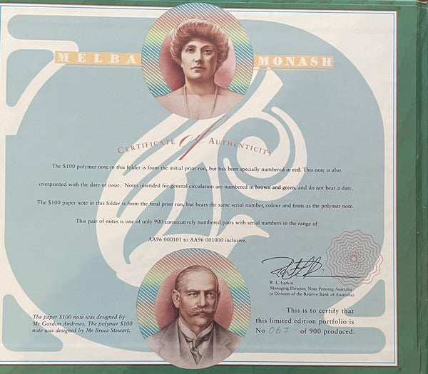 Australia 1996 $100 Last Paper and First Polymer Uncirculated Banknote Portfolio Red Serial Numbers