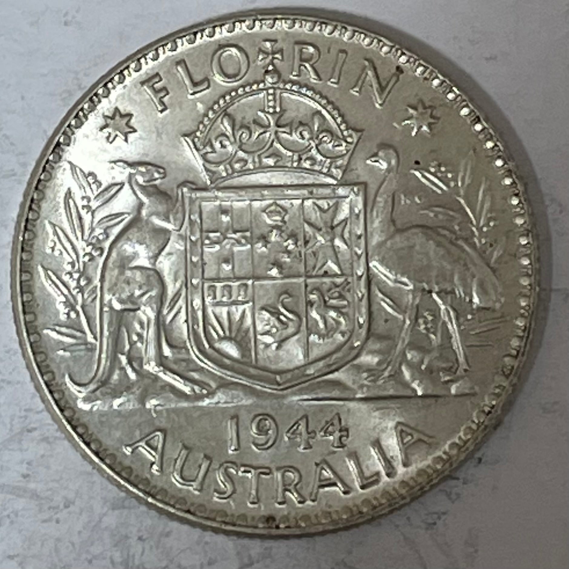 Australia 1944 Melbourne Mint 2/- Florin Silver Coin about Uncirculated