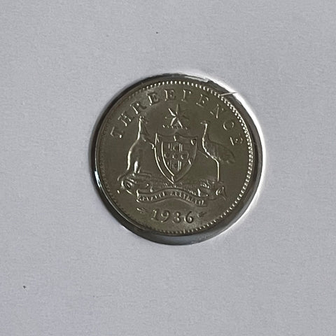 Australia 1936 3d Threepence Silver Coin about Uncirculated