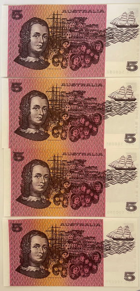 Australia 1985 $5 Johnston Fraser OCRB Serials Banknote Uncirculated Run of 4. R209a