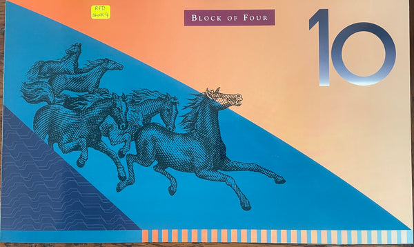 Australia 1997 $10 Polymer Evans/Macfarlane Uncut Block of 4 Red Serial Number Banknote Folder