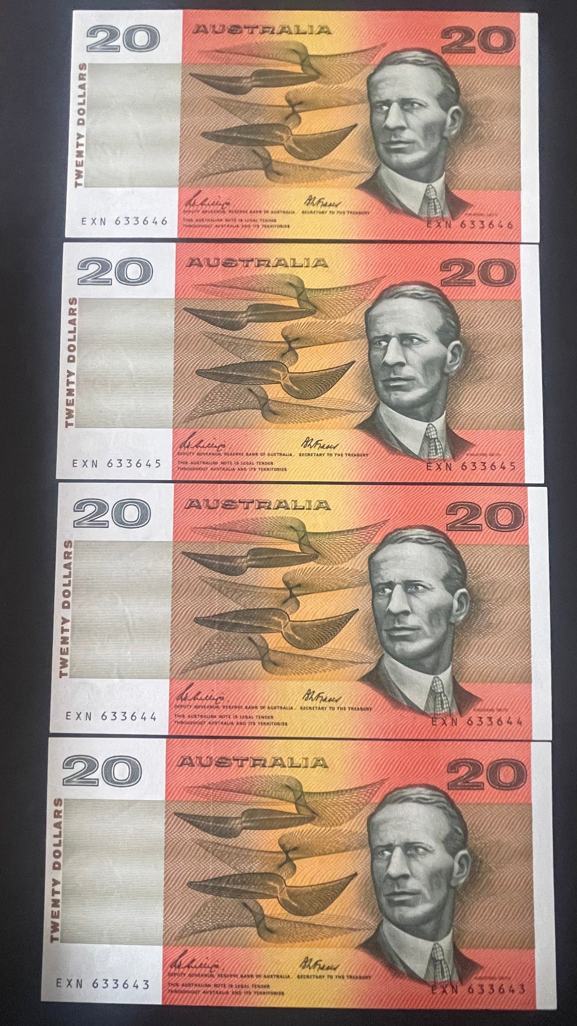 Australia 1989 $20 Phillips Fraser Banknote Uncirculated Run of 4. R411
