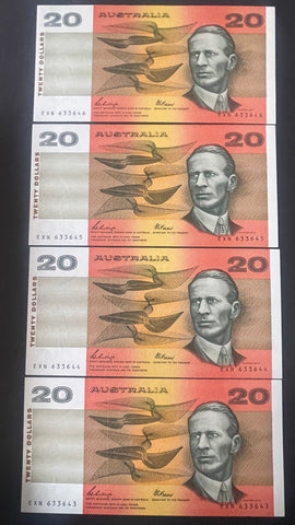 Australia 1989 $20 Phillips Fraser Banknote Uncirculated Run of 4. R411