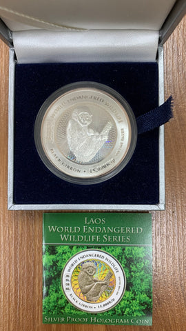 Laos 2004/5 15,000 Kip World Endangered Wildlife Black Gibbon 1oz .999 Silver Hologram Coin