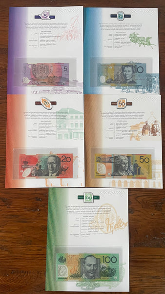 Australia 1997 $5, $10, $20, $50, $100 Banknote Premium Folders with Matching Red Serial Numbers