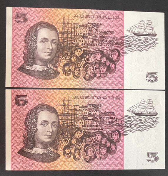 Australia $5 Knight/Wheeler Banknote Consecutive Pair R206c