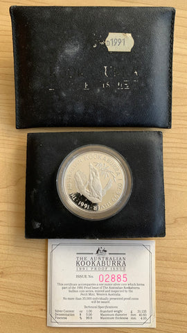 Australia 1991 Perth Mint $5 Kookaburra 1oz Silver Proof Coin