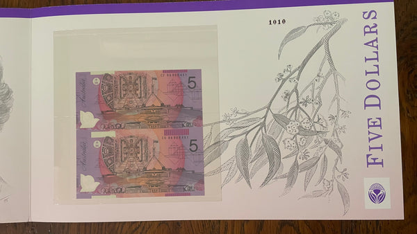 Australia 1996 $5 Polymer Fraser/Evans Uncut Vertical Pair Black serial number Banknote