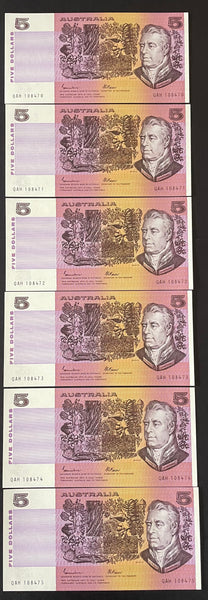 Australia 1985 $5 Johnston Fraser Gothic Serials Banknote Uncirculated Run of 6. R209b