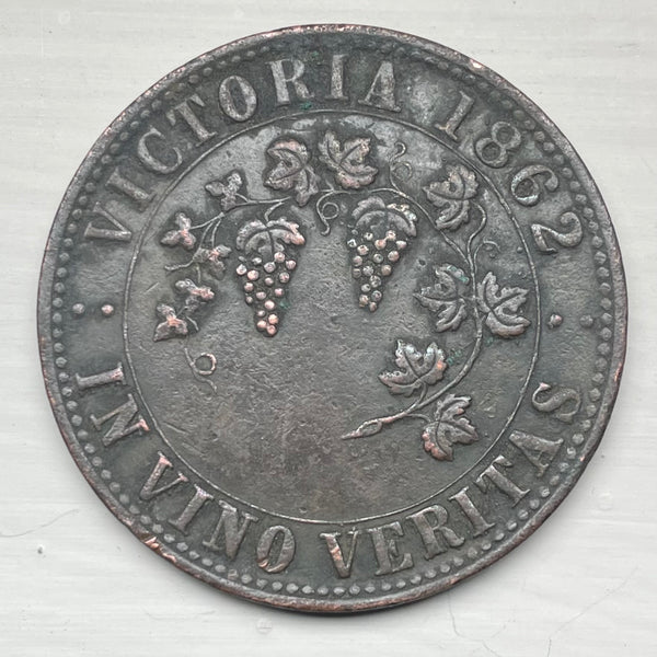 Australia 1862 Stokes "In Vino Virtitas" 1d Penny Token Emu reverse