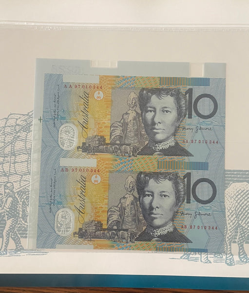 Australia 1997 $10 Polymer Evans/Macfarlane Uncut Vertical Pair Red Serial Number Banknote Folder