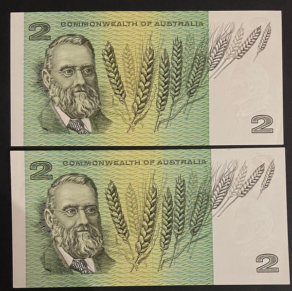 Australia $2 Phillips Randall Consecutive Pair Uncirculated Banknotes R83