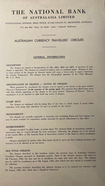 Australia National Bank 1965 $5, $10, $20 & $50 Travellers Cheque Overprinted Specimen