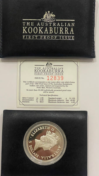 Australia 1990 Perth Mint $5 Kookaburra 1oz Silver Proof Coin