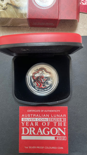 Australia 2012 $1 Year of the Dragon Proof .999 1oz Coloured Silver Coin