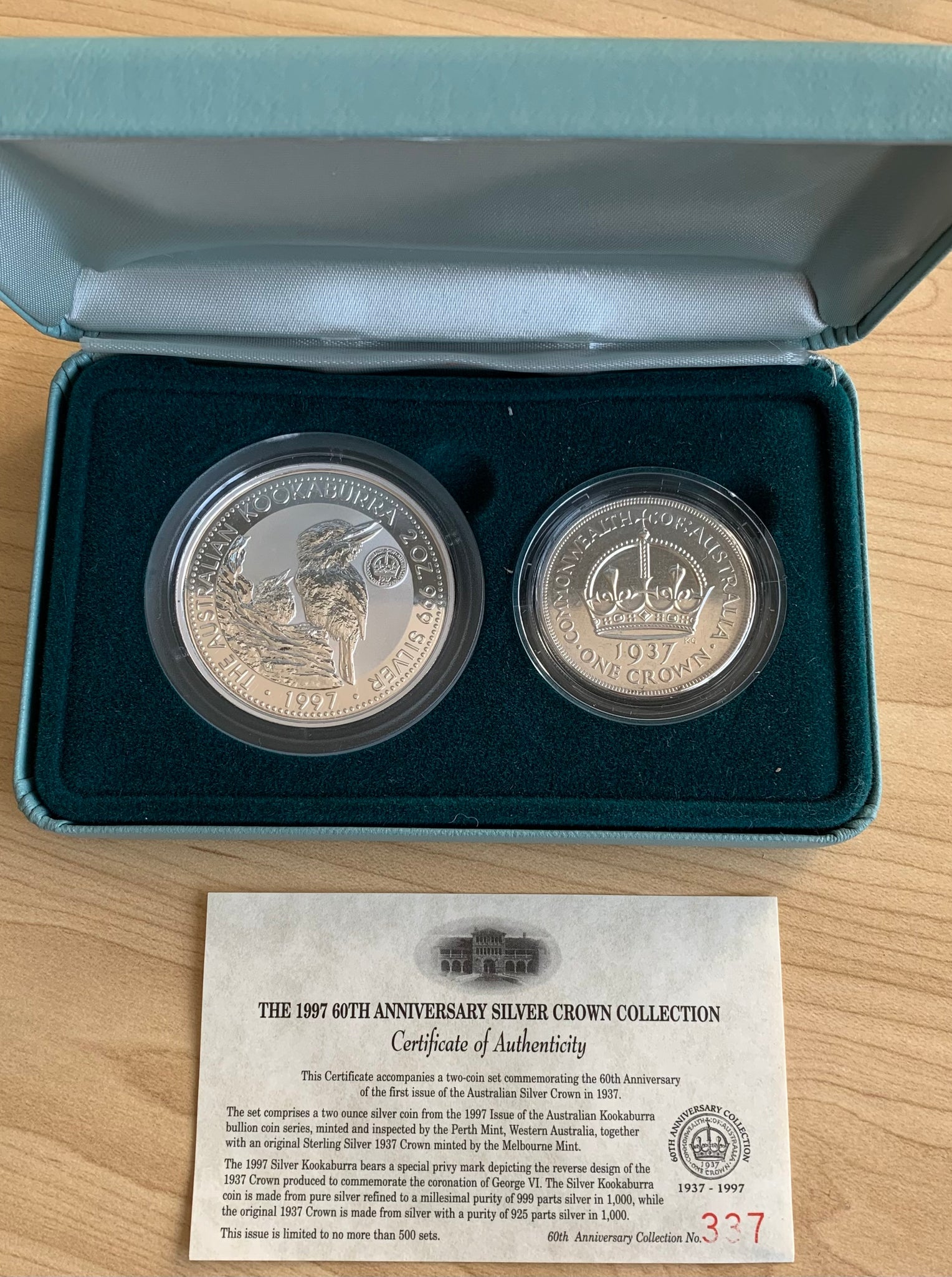 Australia 1997 Perth Mint $2 Kookaburra 1937 Crown Privy mark 2oz Silver Proof Coin & 1937 Crown