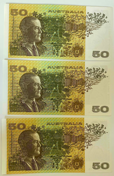 Australia 1990 $50 Fraser/Higgins Banknote Run of 3. R512
