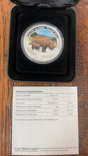 Tuvalu 2012 Perth Mint Coloured Black Rhinoceros Silver 1oz Proof Coin