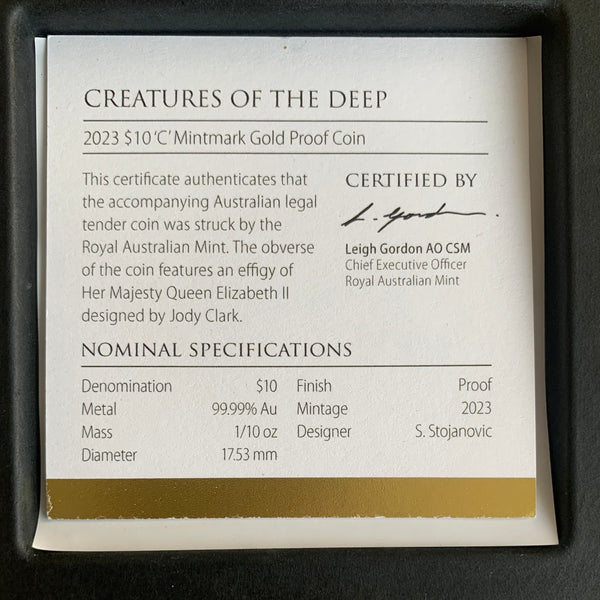 2023 Royal Australian Mint $10 C Mintmark 1/10oz Gold Proof Coin - Creatures of The Deep