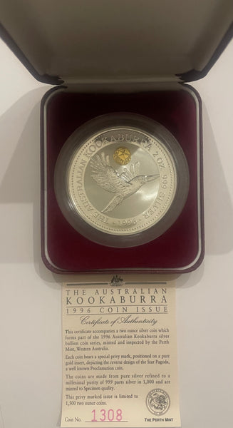Australia 1996 Perth Mint  $2 Kookaburra "Star Pagoda" Privy Mark Proof 2oz .999 Silver Coin