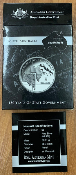 2006 Royal Australian Mint $5 150 Years of State Government South Australia Silver Proof Coin