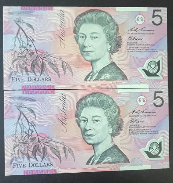 Australia 1995 $5 Evans Fraser Polymer Banknote Uncirculated Pair R217AA